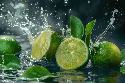 A group of limes with green leaves and water splashing around, perfect for food and drink photography