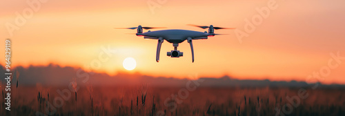 Drone flying over a field. Modern agriculture photo