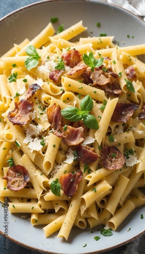 Baconwrapped spaghetti with fresh basil leaves photo