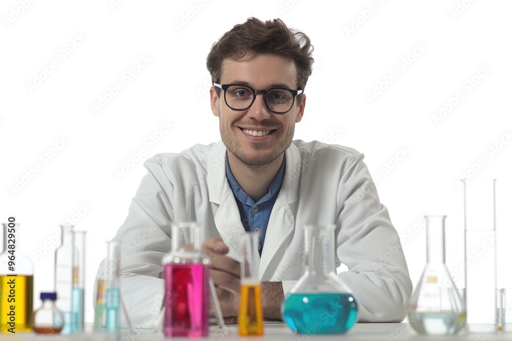 A scientist in a lab coat sits at a table surrounded by test tubes, conducting experiments A scientist in a lab coat sits at a table surrounded by test tubes, conducting experiments