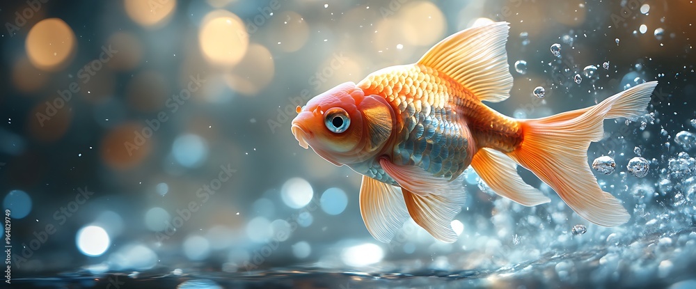 A goldfish leaps out of the water, creating a splash of bubbles. A goldfish leaps out of the water, creating a splash of bubbles.