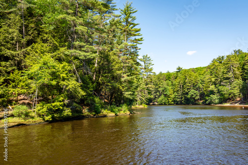 The Cambrian sandstone bluffs along the Wisconsin River in the Wisconsin Dells.