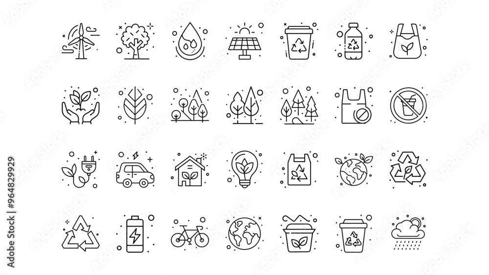 Black and white eco-friendly icons set with minimalistic design for sustainability and conservation concepts Black and white eco-friendly icons set with minimalistic design for sustainability and conservation concepts