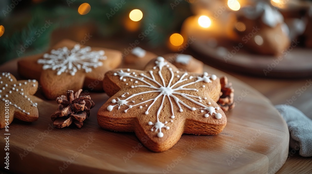 Festive Star-Shaped Gingerbread Cookies Decorated with White Icing for Christmas Celebrations Festive Star-Shaped Gingerbread Cookies Decorated with White Icing for Christmas Celebrations