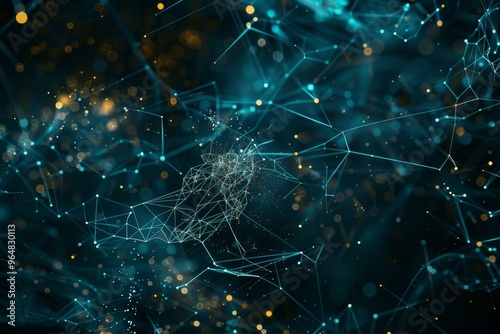 This visual showcases an intricate web of interconnected lines and glowing particles, representing the complexities of digital networks and technology in a modern context.
