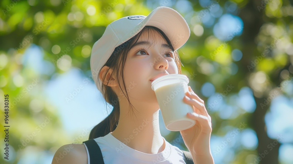 A beautiful Japanese woman is drinking water from the glass outdoors. Portrait. close up view A beautiful Japanese woman is drinking water from the glass outdoors. Portrait. close up view