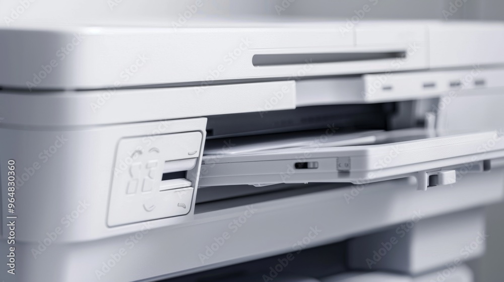 Modern Office Printer in Close-Up on White Background Modern Office Printer in Close-Up on White Background