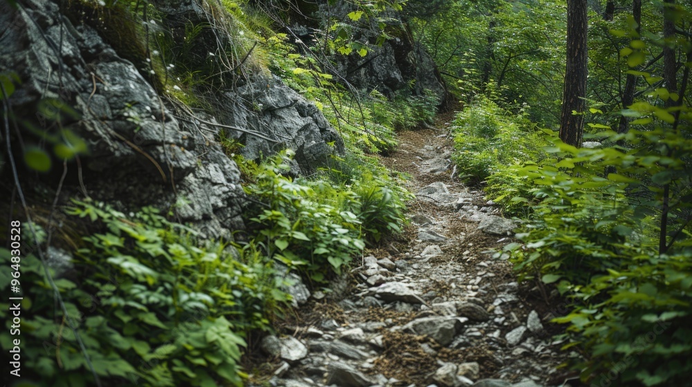 A winding dirt path through a dense forest with tall trees and undergrowth A winding dirt path through a dense forest with tall trees and undergrowth