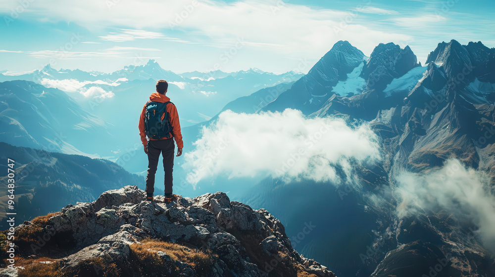 Person looking out at the horizon from a mountain peak, ready for new challenges Person looking out at the horizon from a mountain peak, ready for new challenges