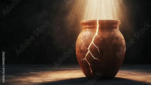 Cracked Clay Jar with Light Beaming Through. Generative ai