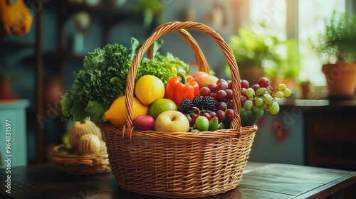 Wallpaper Mural Vibrant Basket of Fresh Fruits and Vegetables in a Cozy Kitchen Setting Torontodigital.ca