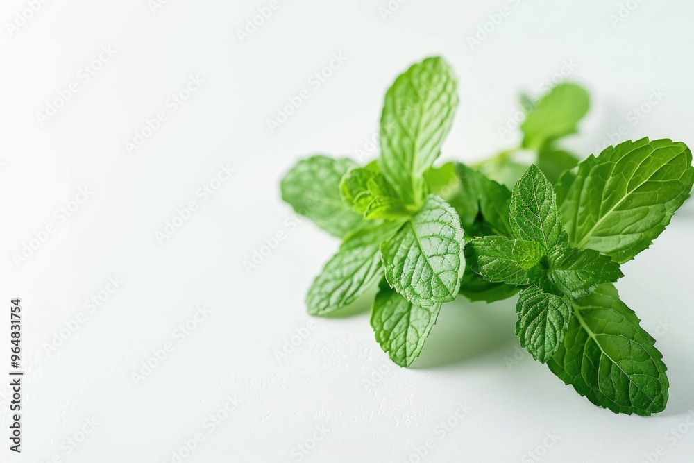 A bunch of fresh mint leaves arranged on a clean white surface A bunch of fresh mint leaves arranged on a clean white surface