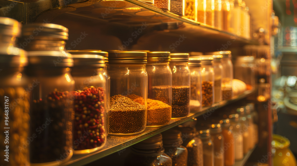 Warm Golden Light Shining on Jars Filled with Assorted Spices on a Wooden Shelf in an Old-Fashioned Kitchen. Rustic Interior and Culinary Concept. Warm Golden Light Shining on Jars Filled with Assorted Spices on a Wooden Shelf in an Old-Fashioned Kitchen. Rustic Interior and Culinary Concept.