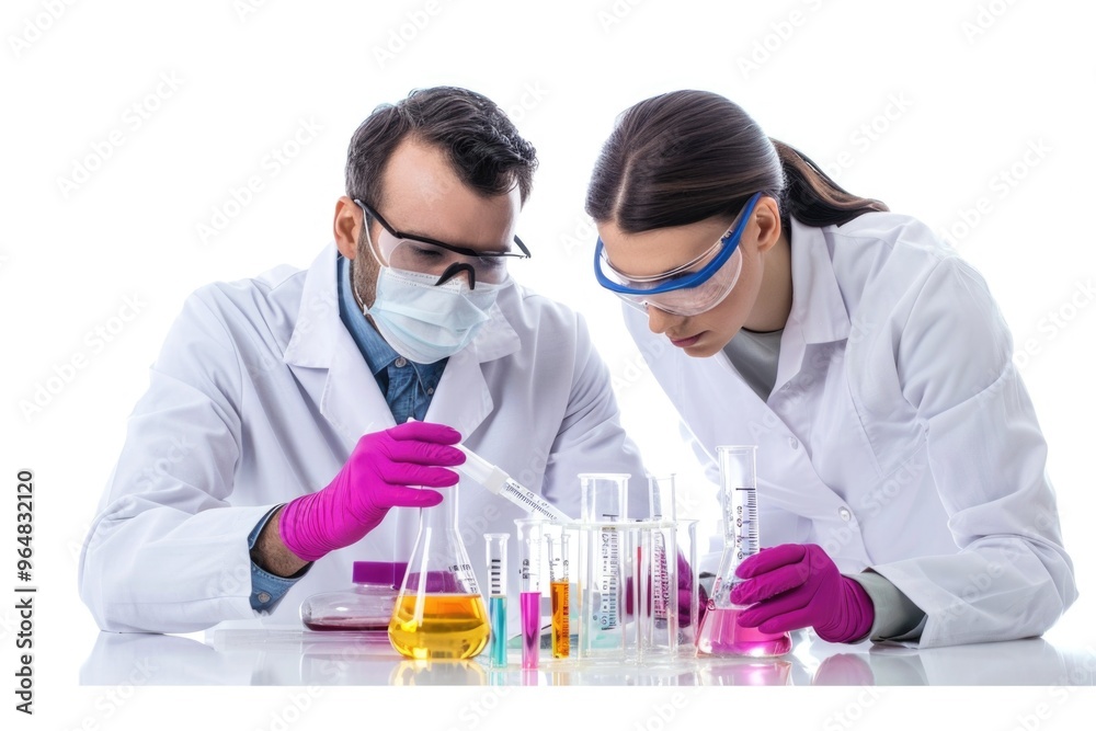 Two scientists in lab coats conducting experiments at a workstation Two scientists in lab coats conducting experiments at a workstation