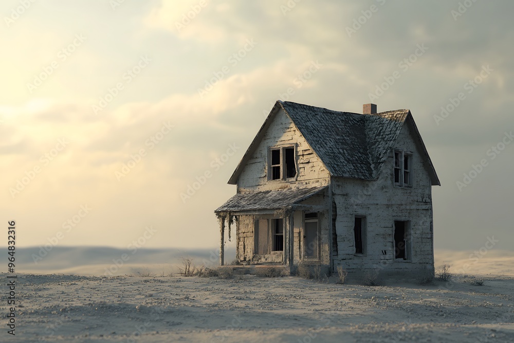 A dilapidated, weathered house stands alone in a desolate landscape A dilapidated, weathered house stands alone in a desolate landscape