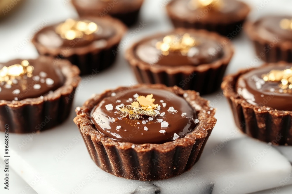 Small chocolate tarts with a sprinkle of sea salt and a garnish of gold leaf, served on a marble slab Small chocolate tarts with a sprinkle of sea salt and a garnish of gold leaf, served on a marble slab