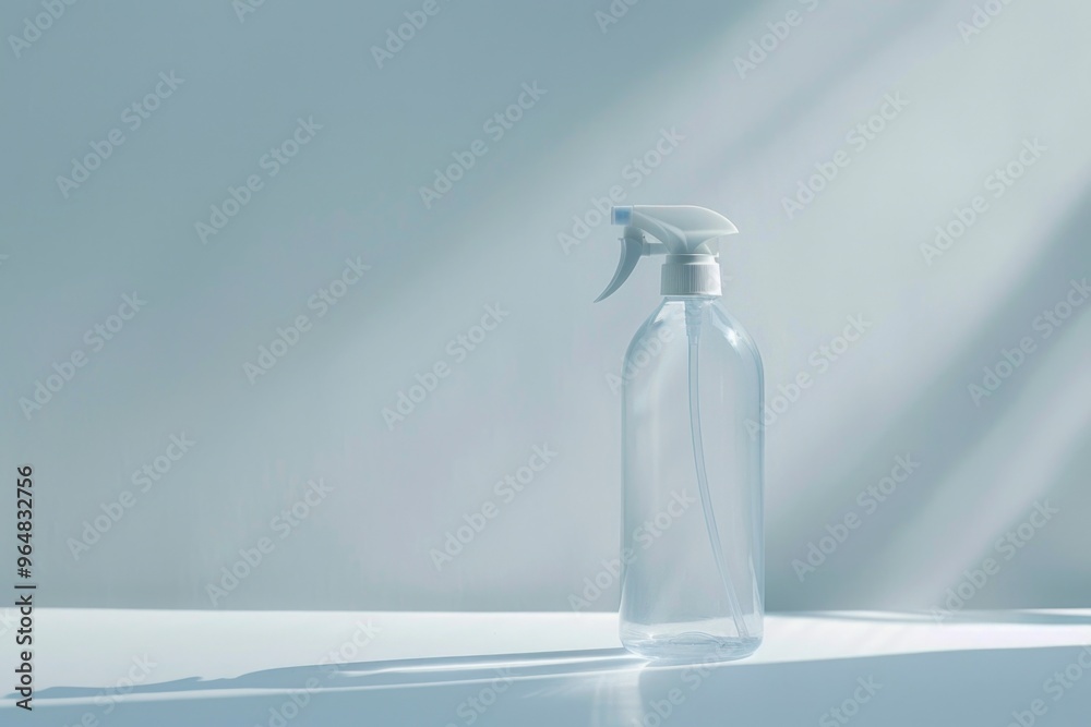 A clear spray bottle sits on top of a table, ready for use A clear spray bottle sits on top of a table, ready for use