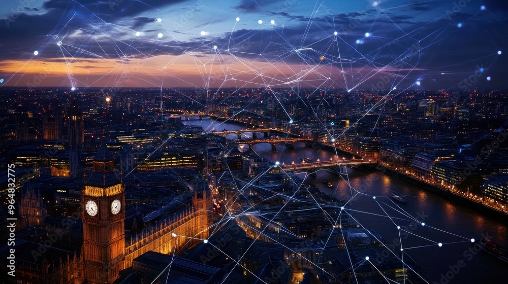 London Skyline at Night with Network Connections London Skyline at Night with Network Connections