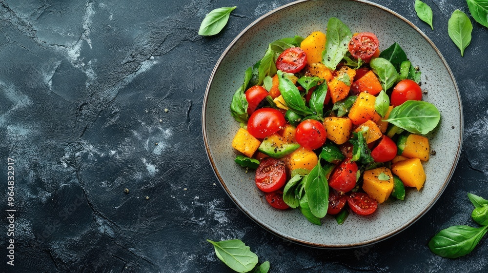 Fresh Mango and Tomato Salad with Spinach and Basil on Dark Background Fresh Mango and Tomato Salad with Spinach and Basil on Dark Background
