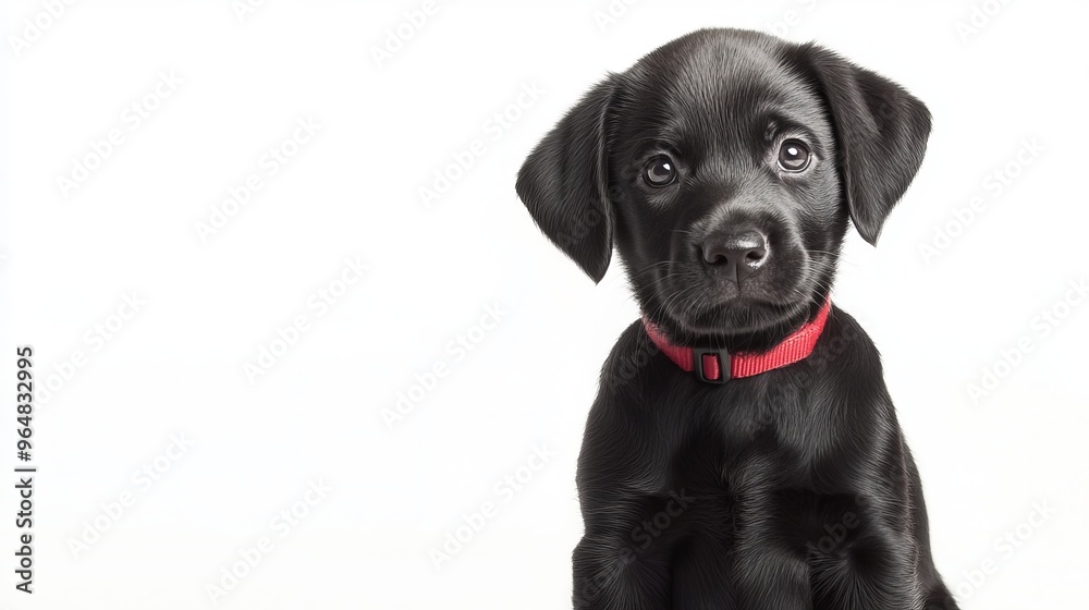 An adorable 7-week-old black Lab puppy sits and stares directly at the camera, against a pure white backdrop. An adorable 7-week-old black Lab puppy sits and stares directly at the camera, against a pure white backdrop.
