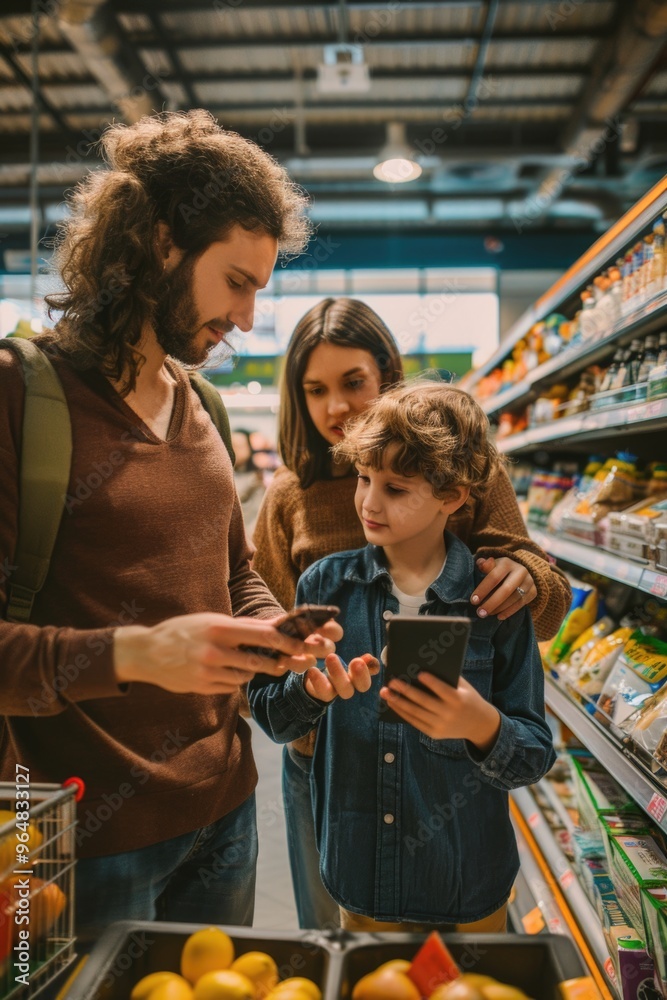 A man and a woman examining their mobile phones while shopping in a grocery store A man and a woman examining their mobile phones while shopping in a grocery store