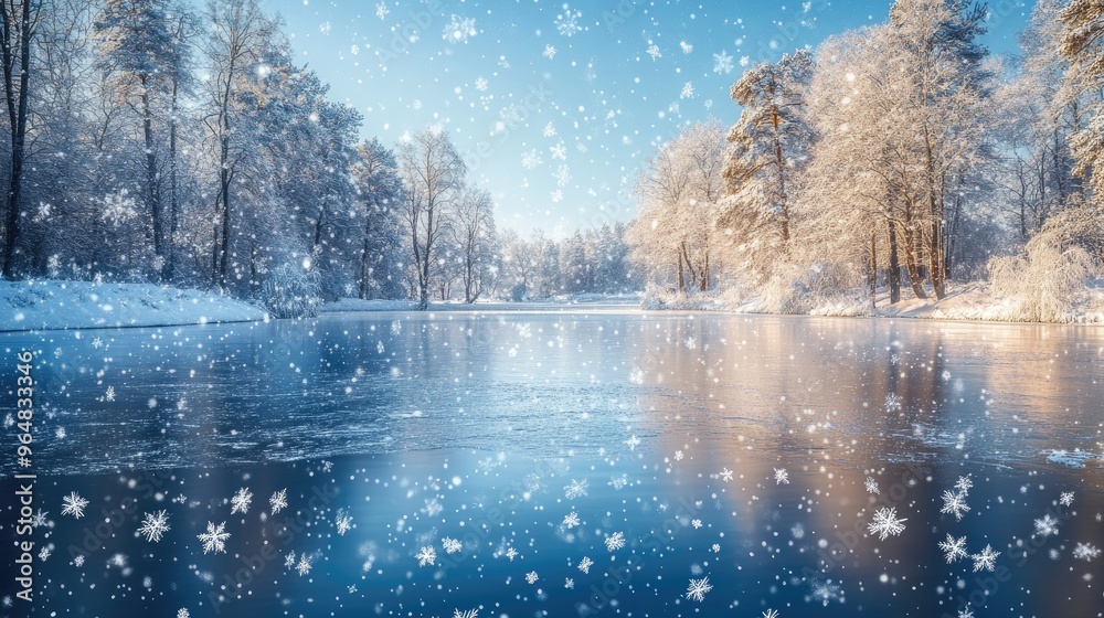 Fototapeta premium Winter Wonderland Snowfall Over Frozen Lake with Snow-Covered Trees and Clear Blue Sky
