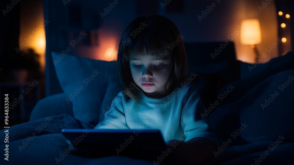 Little child playing video games with tablet in evening Little child playing video games with tablet in evening