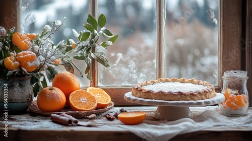 Winter Orange Tart with Fresh Citrus Fruits on Frosted Window Sill photo