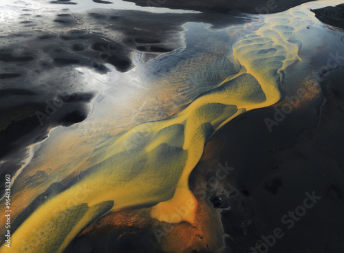 Beautiful Icelandic yellow river flowing into black sand beach