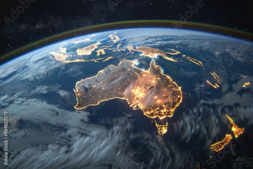 Fototapeta Naklejka Na Ścianę i Meble -  Australia and its neighboring islands appear brilliantly lit against the deep blue of the night sky, highlighting key cities and landscapes down below.