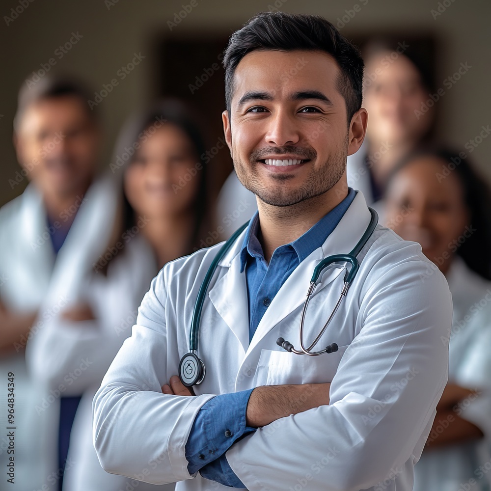 Smiling diverse doctors in professional attire working together. AI generated image Hospital Background Smiling diverse doctors in professional attire working together. AI generated image Hospital Background
