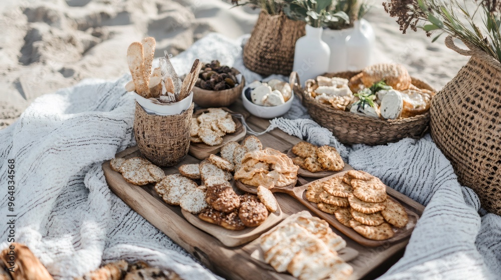 A wooden picnic table laid out with crackers, bread, and other treats. A wooden picnic table laid out with crackers, bread, and other treats.