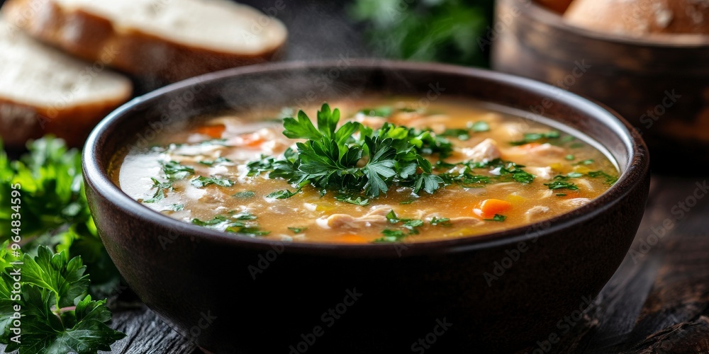 Steaming Chicken Broth with Fresh Parsley on Rustic Table Steaming Chicken Broth with Fresh Parsley on Rustic Table