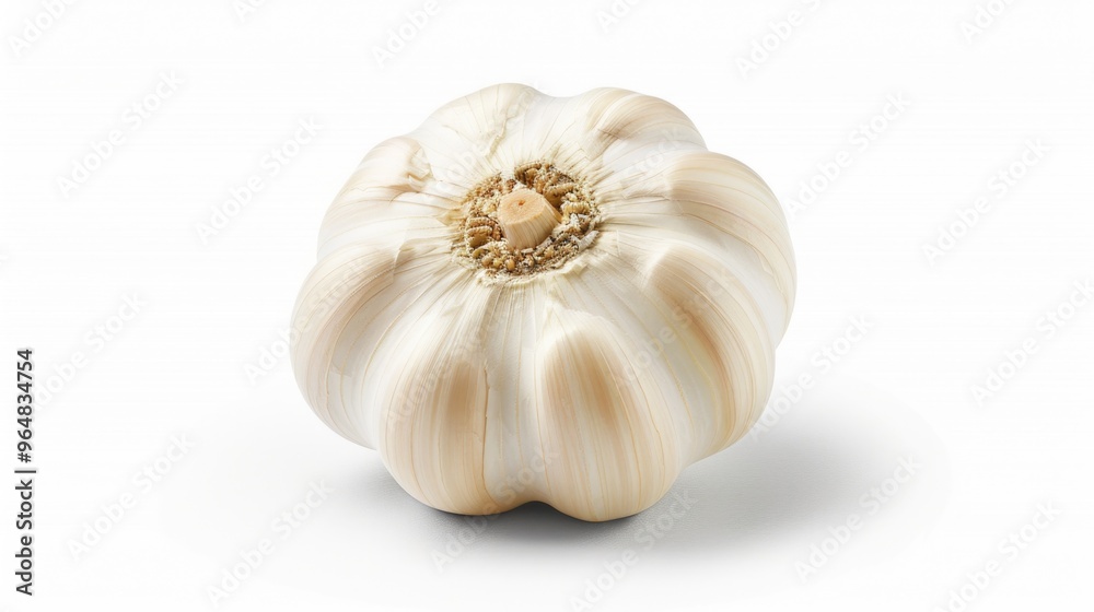 A close-up shot of a garlic clove on a white background, perfect for food or cooking-related projects