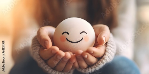 Mental health concept, holding a head with a happy smiling face in the hands photo