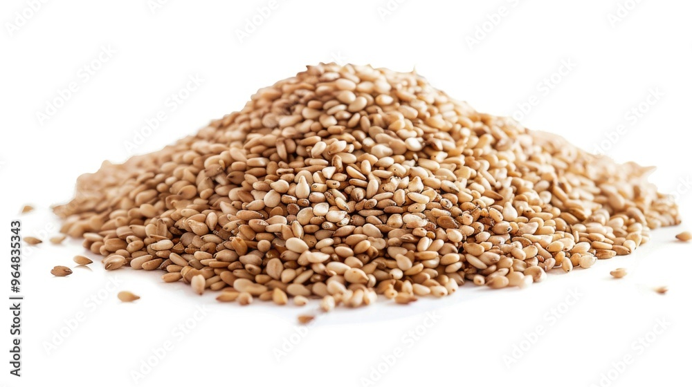 A pile of sesame seeds on a white surface, ideal for food and culinary related uses A pile of sesame seeds on a white surface, ideal for food and culinary related uses