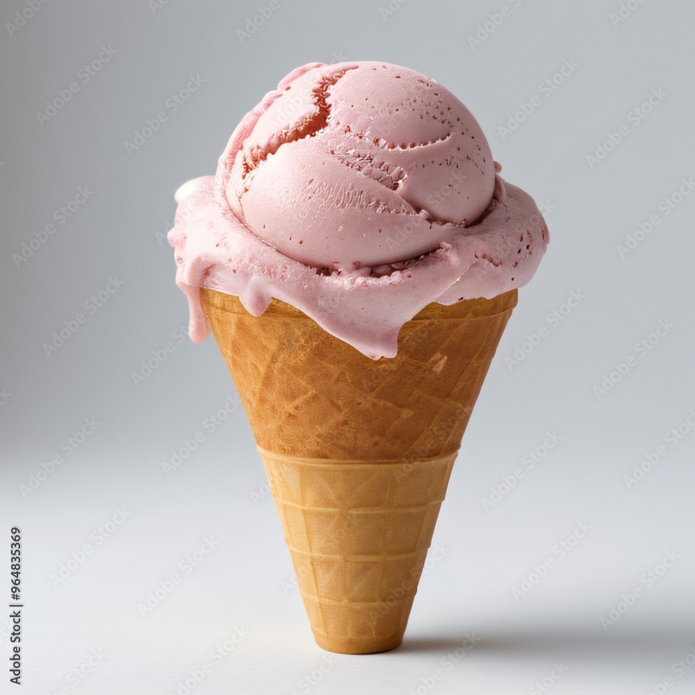 Pink soft serve ice cream in a cone on white background..