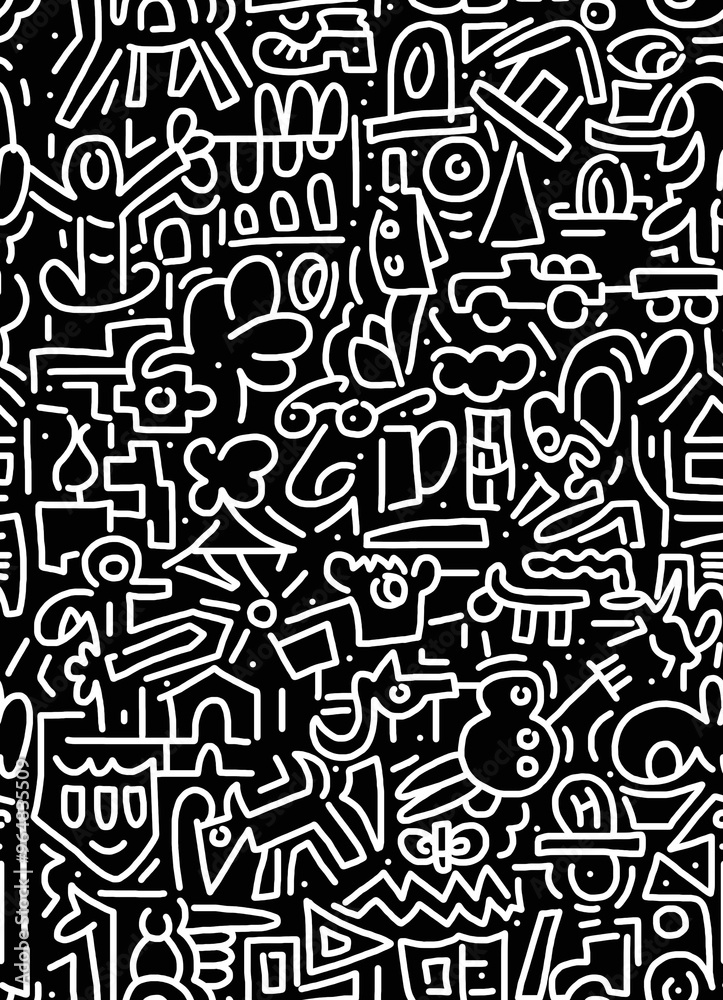 Black and white abstract hand-drawn doodles .Seamless pattern.