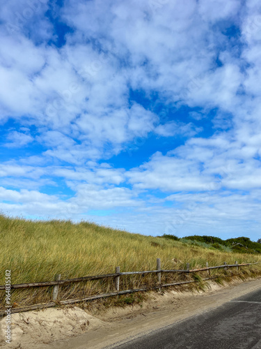 beach road along grass covered sand dunes with thin clouds against a blue sky.