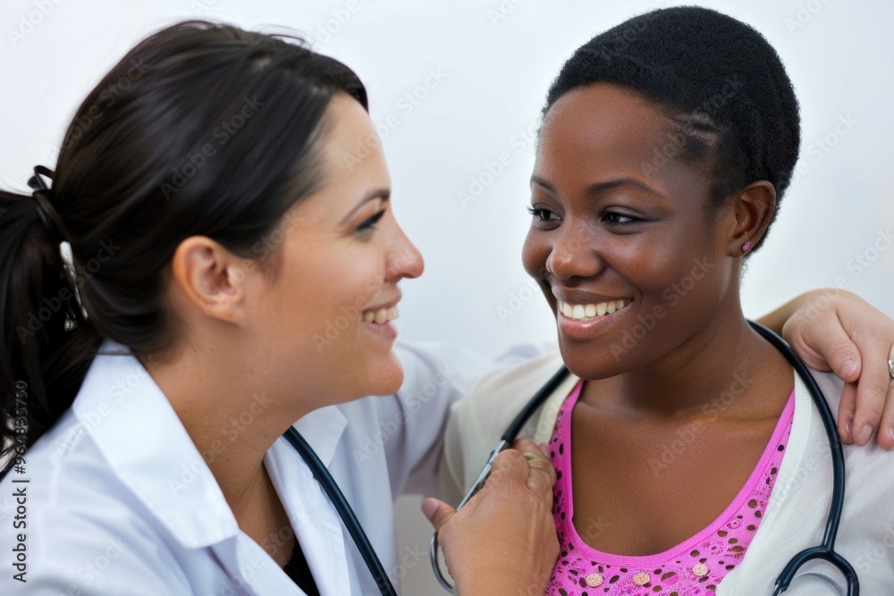 Two women wearing medical uniforms, one with a stethoscope, suitable for healthcare and medicine related content Two women wearing medical uniforms, one with a stethoscope, suitable for healthcare and medicine related content