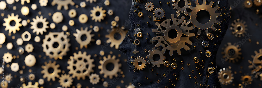 Mechanic's head filled with intricate gears and workshop background Mechanic's head filled with intricate gears and workshop background