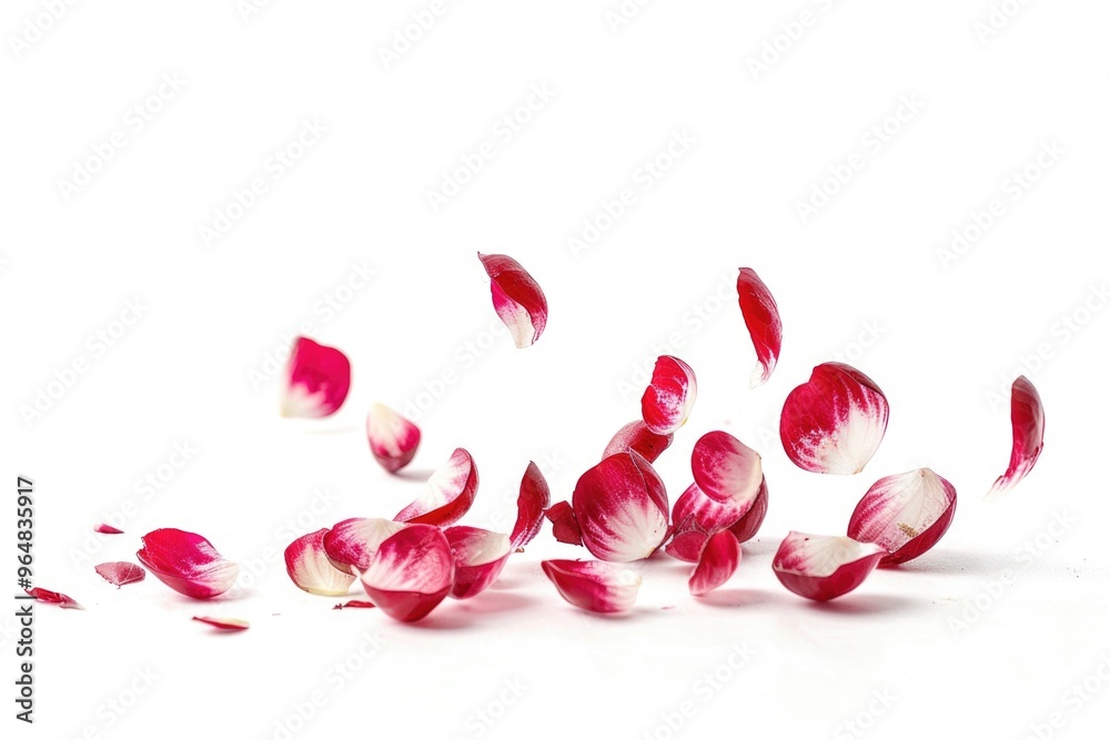 A close-up shot of red and white flower petals arranged on a white surface A close-up shot of red and white flower petals arranged on a white surface