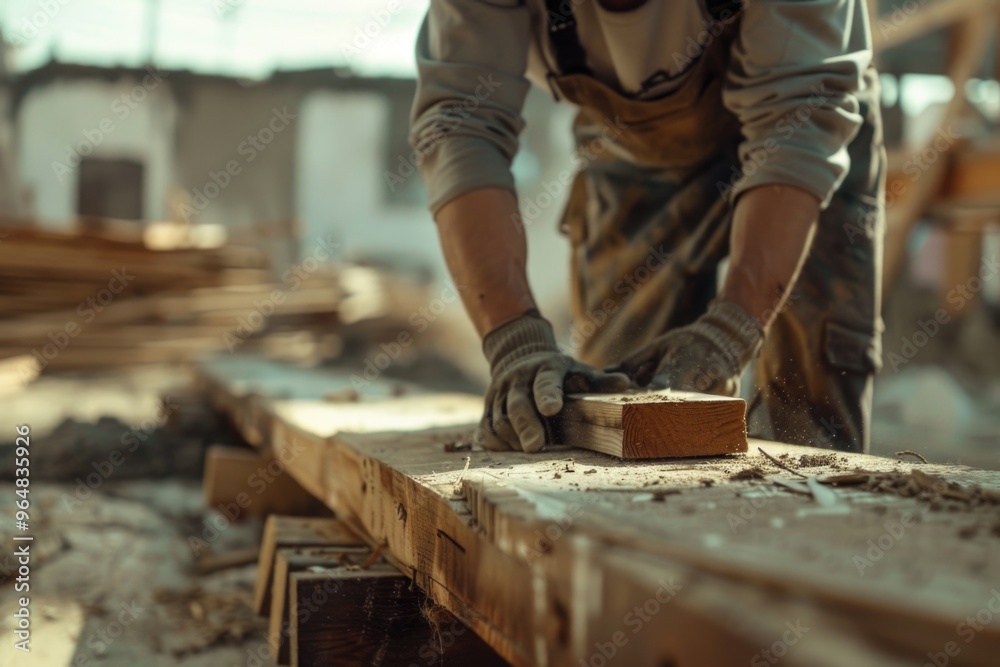 A person is working on a wooden object A person is working on a wooden object