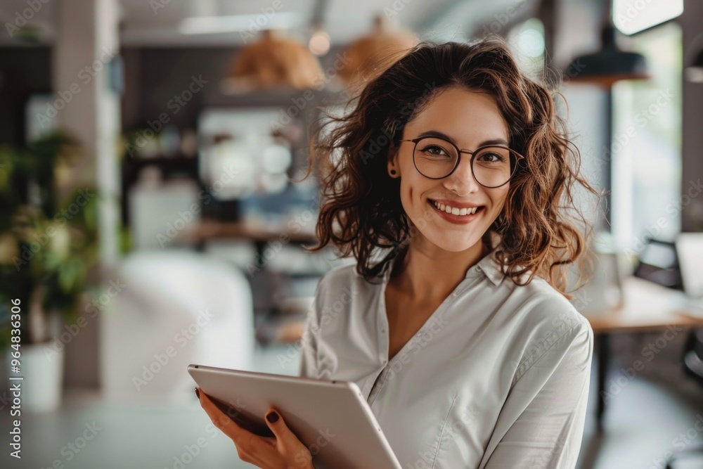 A woman wearing glasses is sitting and holding a tablet computer, likely working or browsing A woman wearing glasses is sitting and holding a tablet computer, likely working or browsing