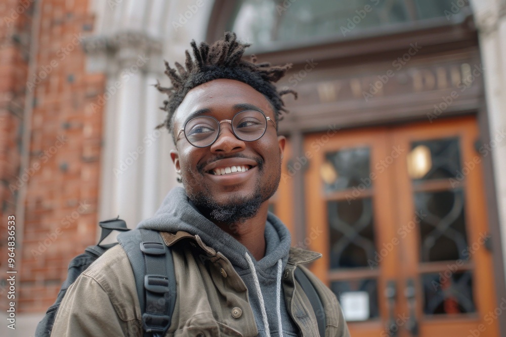 A person with dreadlocks and glasses standing outside a building, suitable for use in educational or personal projects A person with dreadlocks and glasses standing outside a building, suitable for use in educational or personal projects