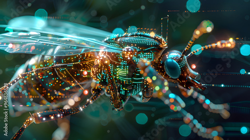 Micro-circuitry of a cybernetic insect and components functioning as bio-electronic computers and exoskeleton pulsing with data 