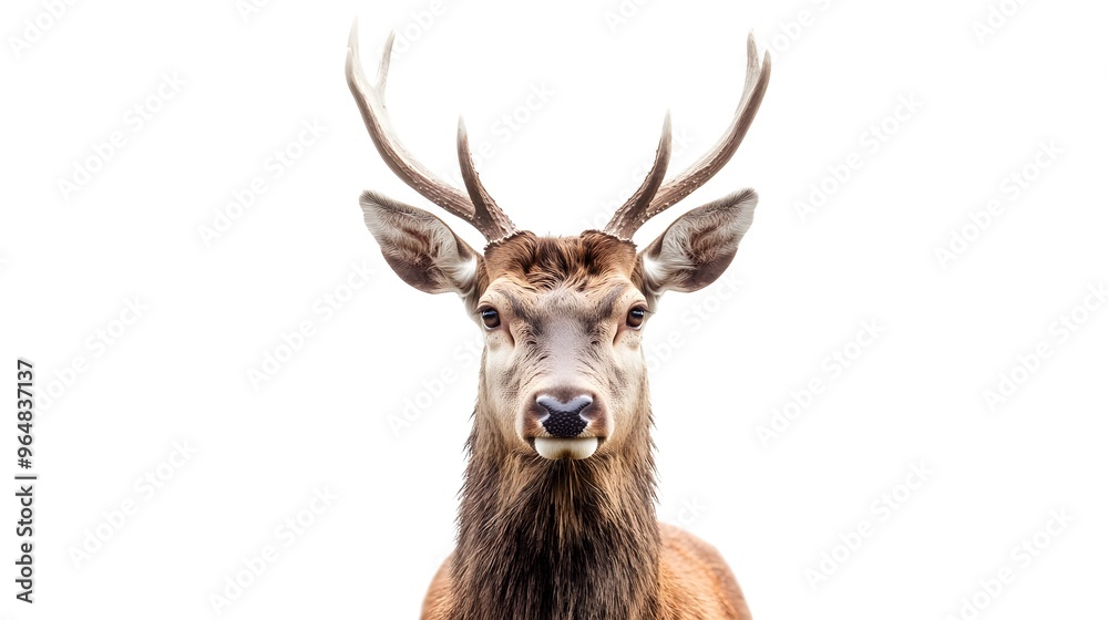Deer head and antlers stand alone, framed by white space Deer head and antlers stand alone, framed by white space