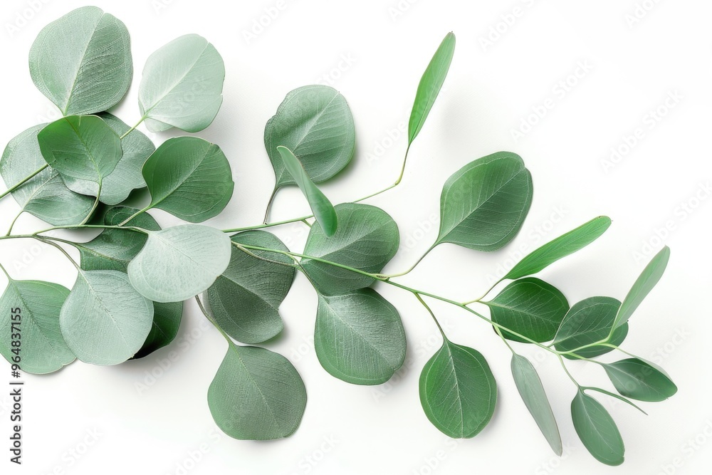 A cluster of fresh green leaves sit on a clean white surface, ideal for use in illustrations or backgrounds A cluster of fresh green leaves sit on a clean white surface, ideal for use in illustrations or backgrounds