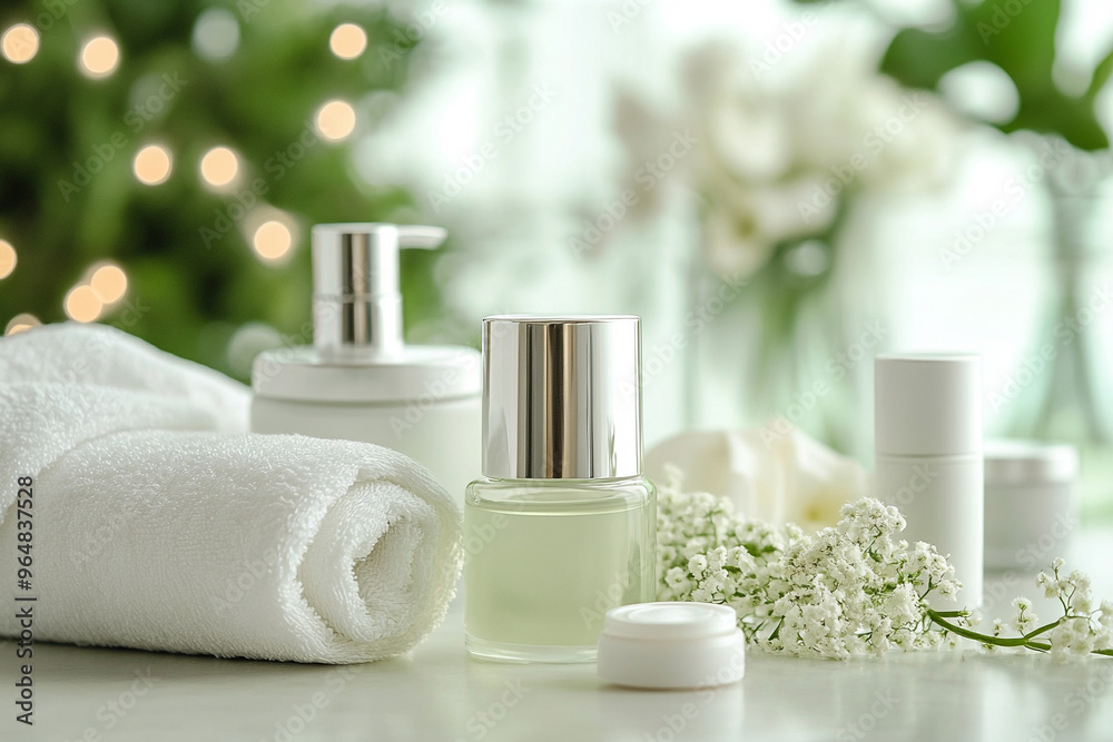 Spa-like scene with skincare bottles, white towel, and flowers with copy space Spa-like scene with skincare bottles, white towel, and flowers with copy space