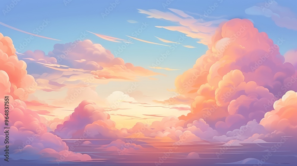 Serene Sunrise Sky with Fluffy Pink Clouds. Digital Art Cloudscape. Calm, Peaceful and Tranquil Atmosphere. Serene Sunrise Sky with Fluffy Pink Clouds. Digital Art Cloudscape. Calm, Peaceful and Tranquil Atmosphere.